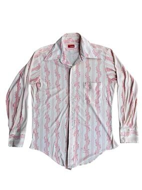 VTG 70s Manhattan Manknit Butterfly Collar Polyester Shirt Floral Retro Hippie